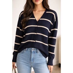 Jones New York Silk/Wool Blend striped navy v beck button down cardigan SZ L